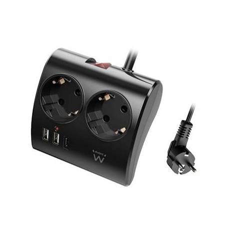 EWENT EW3871 Regleta 2 Shucko 2 Usb-A 1 Usb-C Neg